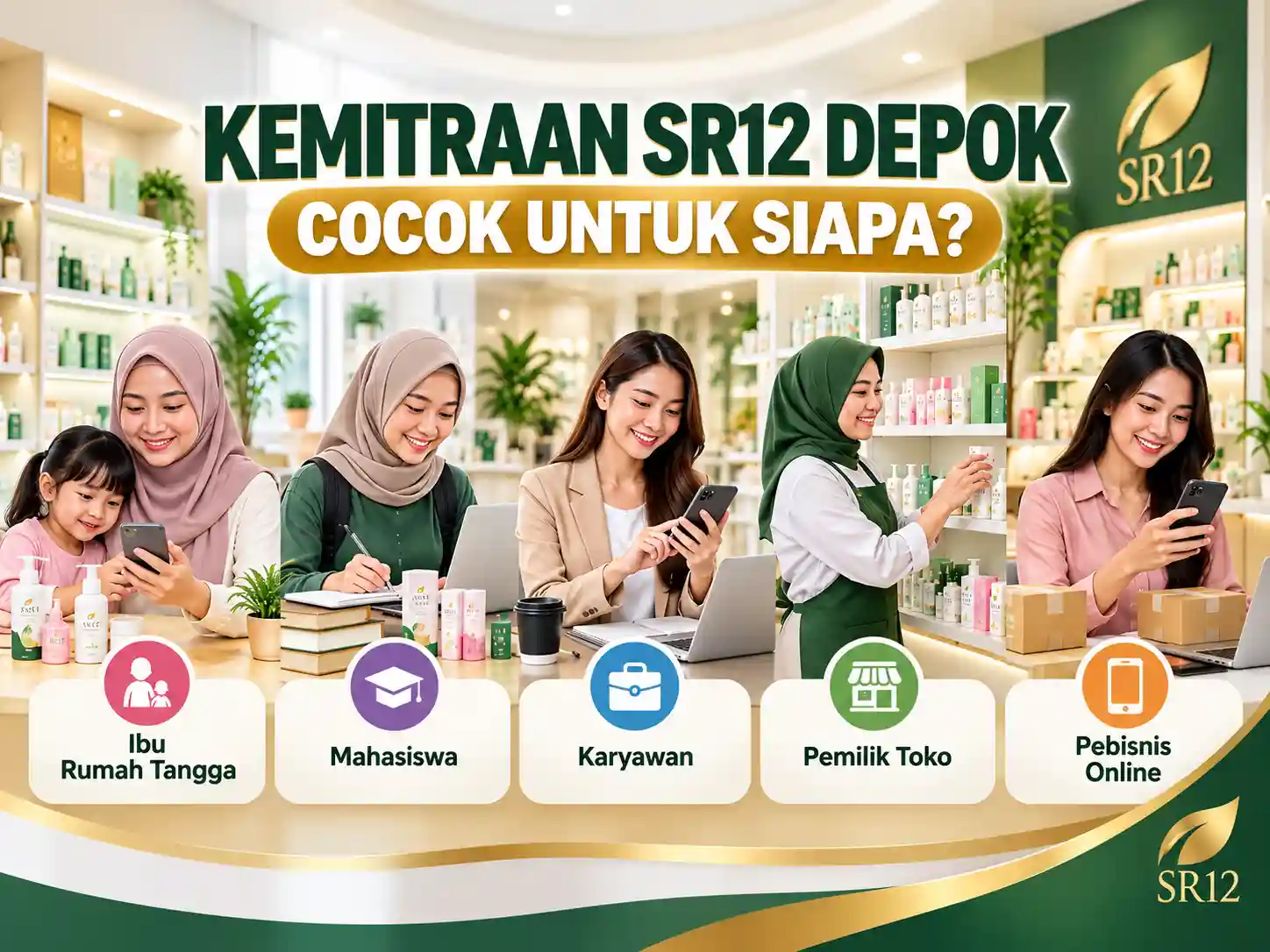 Ilustrasi mitra SR12 Depok: ibu rumah tangga, mahasiswa, karyawan, pemilik toko, dan pebisnis online menjalankan kemitraan lewat HP