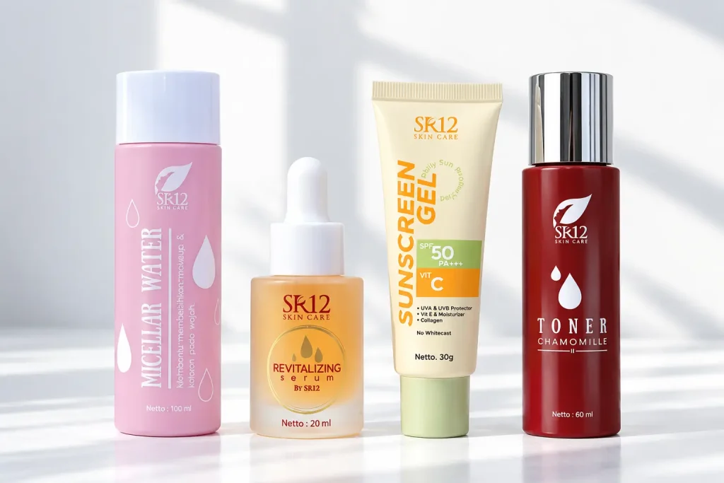 Rangkaian produk Face Care SR12: pembersih, toner, serum, dan sunscreen