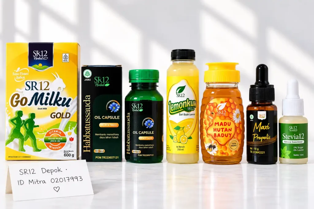 Rangkaian produk Healthy Care SR12: Madu, Lemonkuh, Maxi Propolis, Sari Buah Kurma, Habbatussauda Oil Capsule, dan SR12 Stevia
